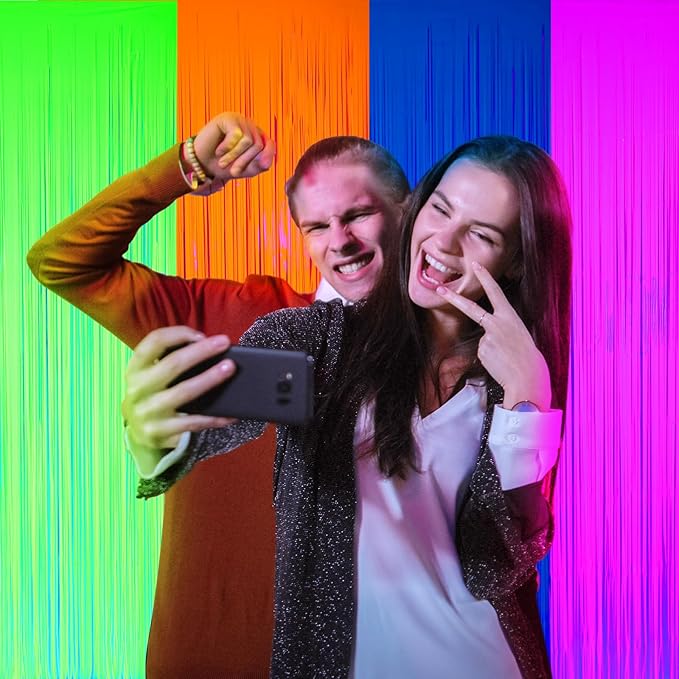 Weysat Glow in The Dark Party Supplies 4 Pack 3.3x6.6ft Neon Party Decoration Neon Tinsel Foil Fringe Curtain 2026 Vbs Photo Booth Backdrop Streamer for Birthday Decor(Blue, Purple, Yellow, Orange)