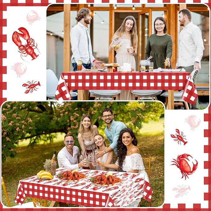 4 Pcs Crawfish Tablecloth Disposable Birthday Party Lobster Table Covers 108 x 54 Inches White and Red Plastic Lobster Table Cloth for Crawfish Boil Party Supplies