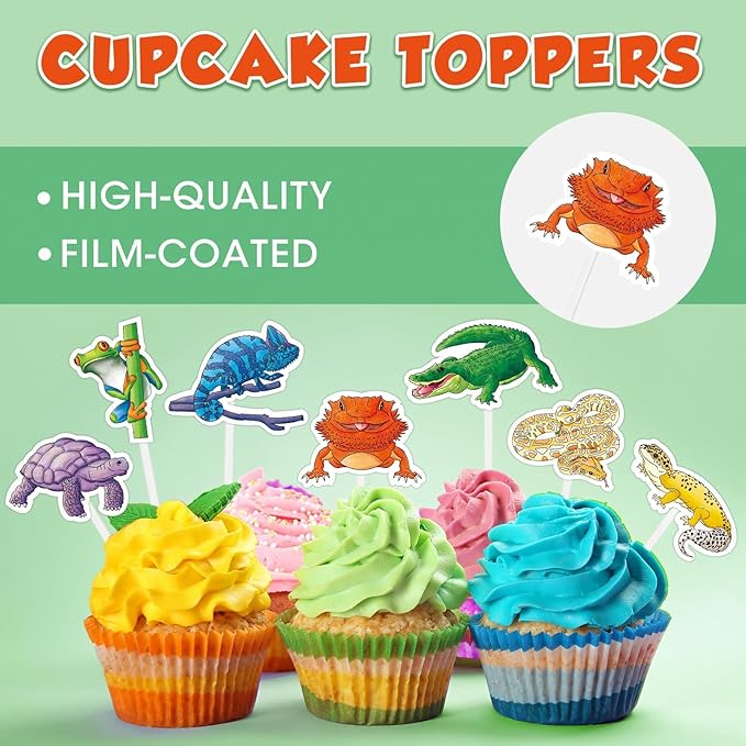WERNNSAI 35 PCS Reptile Cupcake Toppers - Reptile Birthday Party Decorations for Kids Boys Snake Frog Cake Toppers Reptile Party Leopard Gecko Dessert Cake Insert Jungle Camping Cupcake Supplies