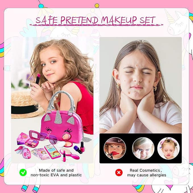 FFTROC Unicorns Pretend Play Toddler Girl Purse with Makeup Toys Set, Little Girls Purse Toys for 3 4 5 6 7 Year Old Girl Gifts, Kids Purse for Christmas, Birthday Gifts for Ages 3-5 4-5 6-8