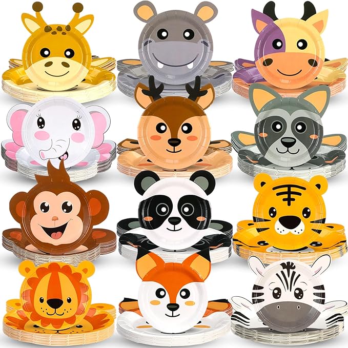 Zhehao 120 Pcs 7 Inch Jungle Safari Party Paper Plate Disposable Safari Animal Shaped Plates Theme Party Supplies Dinnerware Wild Cartoon Animal Plate for Birthday Baby Shower Jungle Animal Decoration