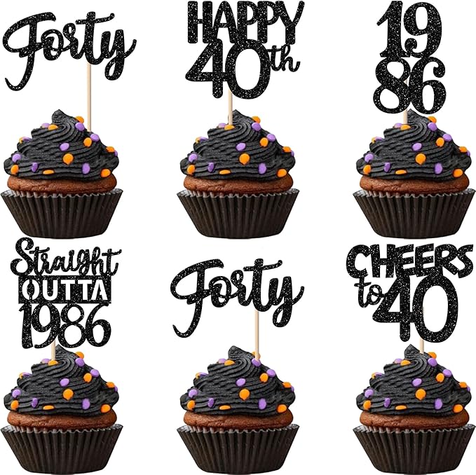 30PCS Black 40th Birthday Cupcake Toppers Glitter Forty Happy 40th Straight Outta 1986 Cupcake Picks for Cheers to 40 Years 40th Birthday Wedding Anniversary Party Decorations Supplies
