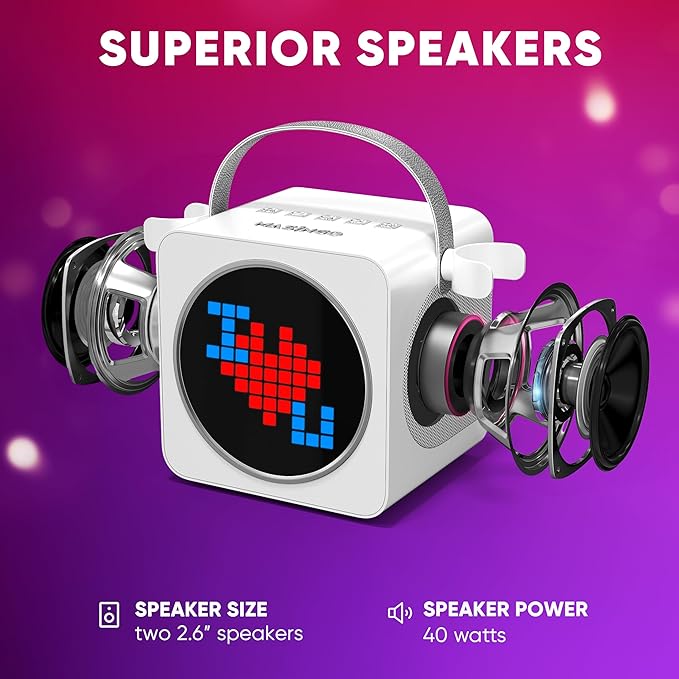 MASINGO Portable Mini Karaoke Machine for Kids and Adults with Dual Wireless Bluetooth Microphones, Animated LED Display, USB/Aux/MicroSD, Voice Effects, Fun Karaoke Toy for Girls and Boys, Animato S1