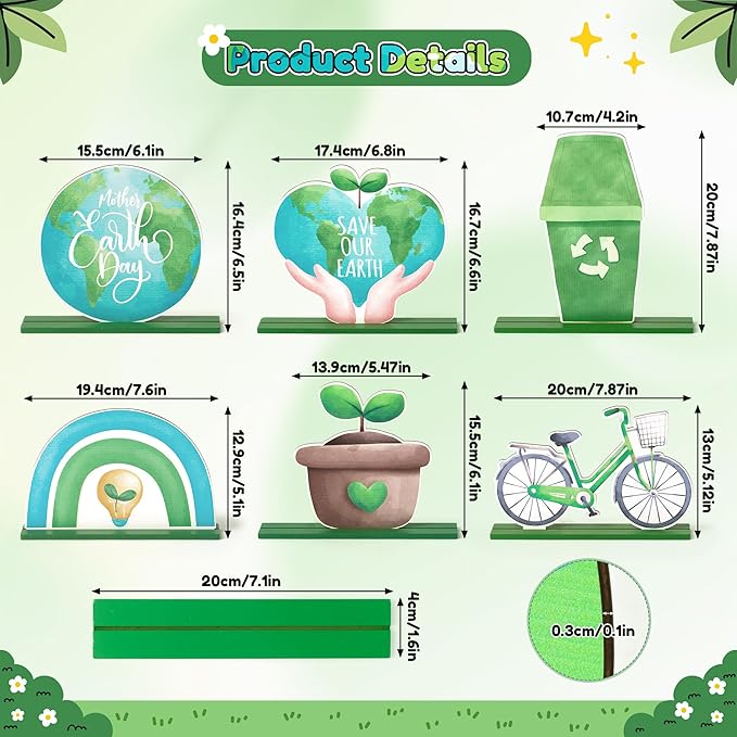 6Pcs Earth Day Wooden Centerpieces Decoration, Watercolor Environmental Protection Wood Tiered Tray Centerpieces, Green Table Topper Decor Happy Earth Day Supplies for Home Office Desk Shelf