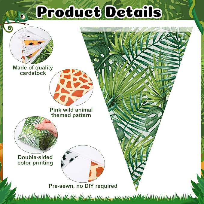 Tiamon 5 Pcs Jungle Zoo Animal Print Decoration Safari Birthday Banner Wild Animal Print Pennant Bunting 49.2 Ft Triangle Flag for Bulletin Board Classroom Decoration Safari Two Wild One Party Supply