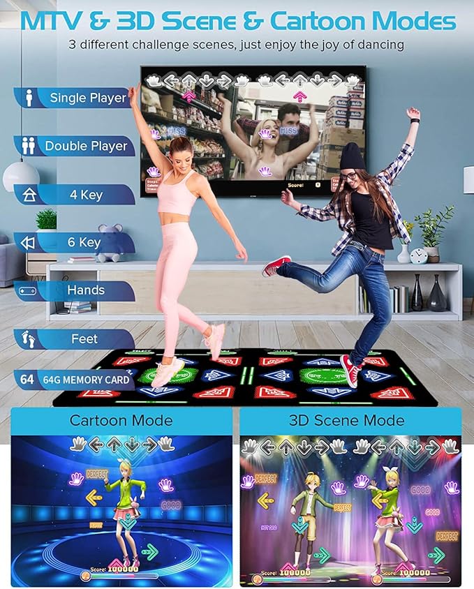 HDMI Dance Mat with Upgraded 64GB Memory Card,1000 Games,885 Songs and 81 MTVs;Features Dance,Yoga,Aerobics,Running,Sports and Puzzle Game Modes Flannel Material.A for Kids.