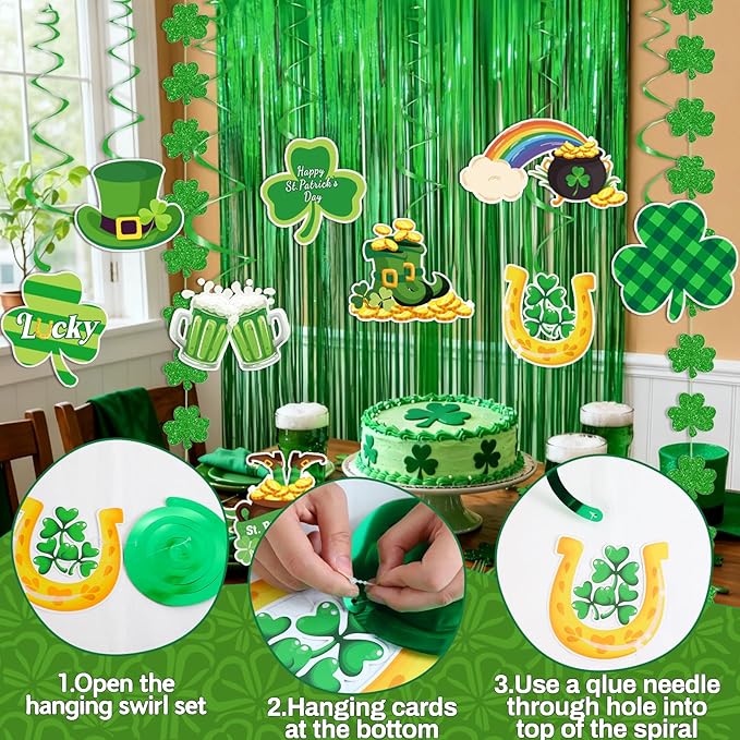 47Pcs St Patricks Day Decorations, St. Patrick's Day Decorations Kit Shamrock Lucky Banner Garlands Hanging Swirls Fringe Curtain for Home Irish St. Patrick's Day Decor