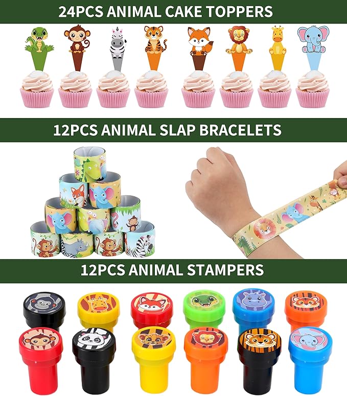 All-in-One - 256 Pcs Wild One Jungle Safari Birthday Party Decorations - Zoo Animal First Birthday Supplies Kit - Includes Favor Boxes, Bubble Wands, Straws, Party Hats, Stickers & Cake Toppers etc