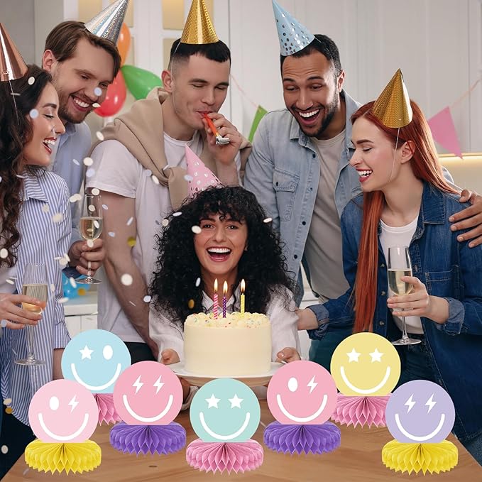 9PCS Smile Face Honeycomb Centerpieces Preppy Smile Face Table Decorations Happy Pastel Birthday Party Supplies for Colorful Rainbow Birthday Themed Bachelorette Decor Favor