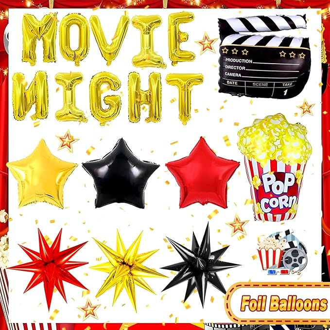 150pcs Movie Night Decorations, Movie Themed Party Decorations, Movie Theater Decor Balloons Arch, Now Showing Popcorn Concessions Banner, Foil Balloons for Movie Night Birthday Party Decorations
