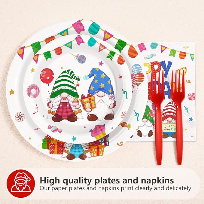 96Pcs Gnome Birthday Party Supplies Colorful Rainbow Gnomes Plates and Napkins Gnome Themed Tableware Set for Boys Girls Birthday Spring Summer Party Supplies，Serves 24