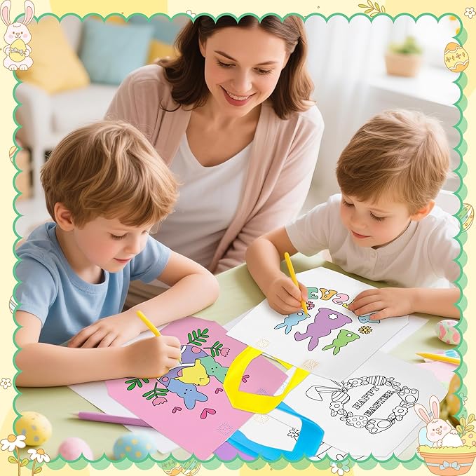 Easter Coloring Goodie Bags for Kids - 24Pcs Bunny Bulk Color Your Own Gift Bags with Handle Colorful Rabbit Reusable Non Woven Coloring Tote Packet for Spring Easter Holiday Party DIY Painting Favors