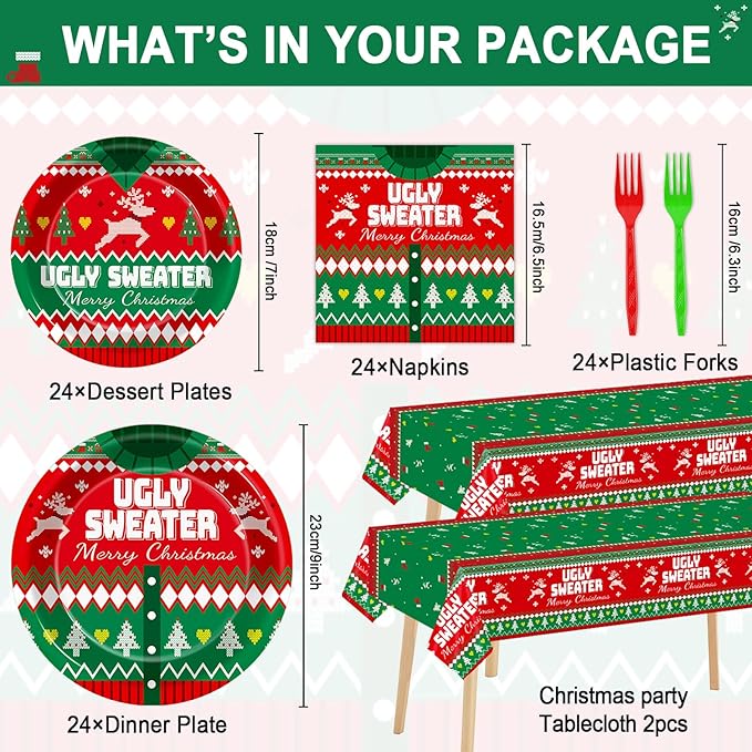 98 Pcs Christmas Ugly Sweater Party Supplies Tacky Sweater Party Plates Tablecloth Xmas Party Decorations for Christmas Holiday Tableware Set Paper Plates Napkins Forks for 24 Guests