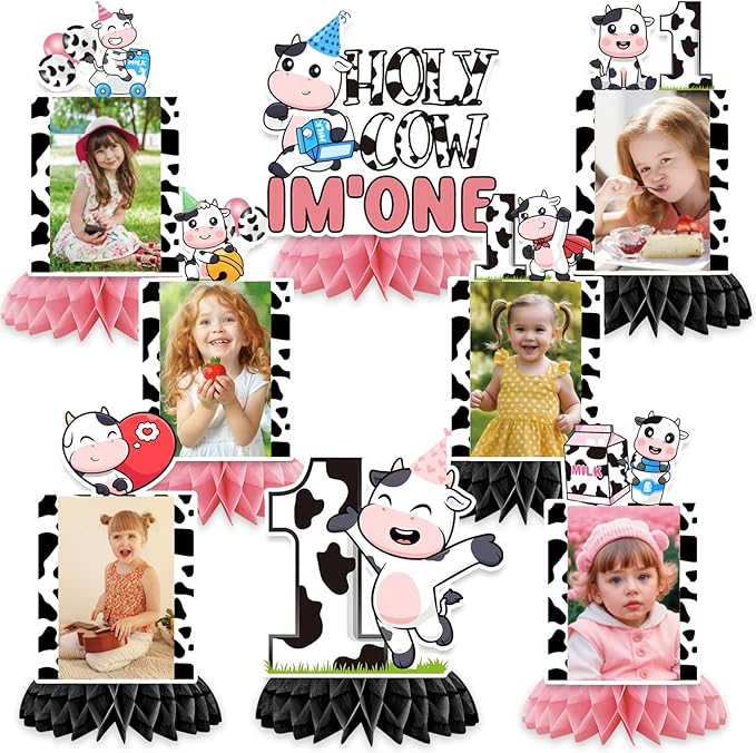 Holy Cow I'm One Birthday Decorations, Cow First Birthday Honeycomb Centerpiece Party Decoration, Baby 1st Birthday Cow Themed Photo Table Centerpiece Party Supplies