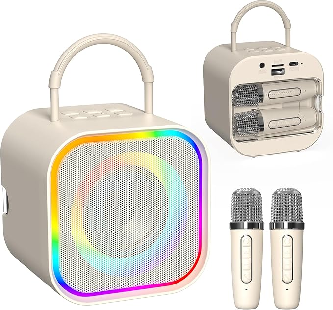 Karaoke Machine,Mini Karaoke Machine with 2 Wireless Mics (Built-in Storage),Portable Bluetooth Speaker, Fun Voice Effects/Dynamic LED Lights -Christmas Birthday Gifts for Girls Ages 4-12 -Beige