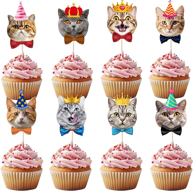 Pet Cat Cupcake Toppers, 24 PCS Pet Cats Themed Birthday Party Supplies for Meow Kitty Cat Birthday Party Baby Shower Party Decorations