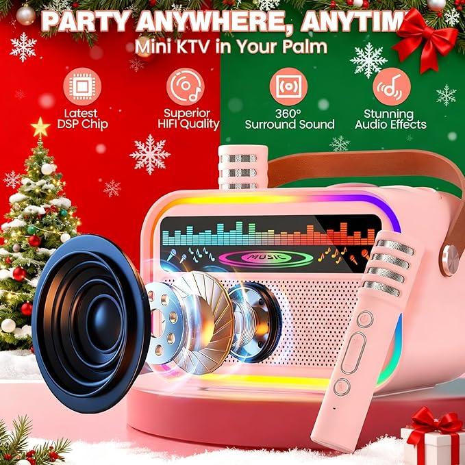 Mini Karaoke Machine Toys for Kids Girls, Tnvee Portable Bluetooth Speaker with 2 Wireless Microphones, Funny Birthday Gifts for Girls Ages 3, 4, 5, 6, 7, 8, 9,10,11,12+ Years Old Toddler - Pink