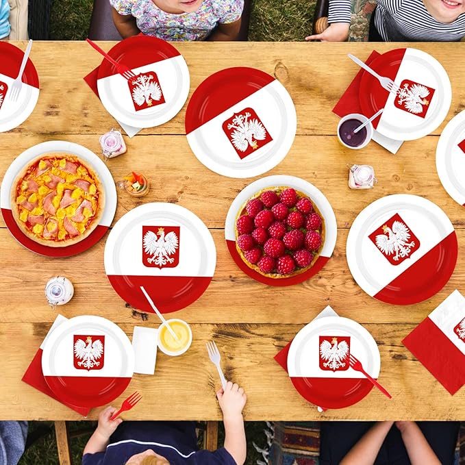 96Pcs Poland Flag Party Decorations National Country Decoration Poland National Day Plates and Napkins Tableware Set for Polish Red and White Patriotic Festival Party Supplies，Serves 24