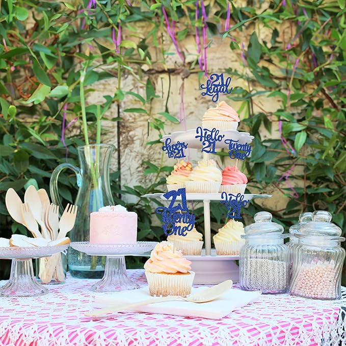 30Pcs 21st Birthday Cupcake Toppers Twenty One Legal Cupcake Picks Cheers to 21 Years Old Cake Decorations for 21st Birthday Anniversary Party Supplies Deep Blue Glitter