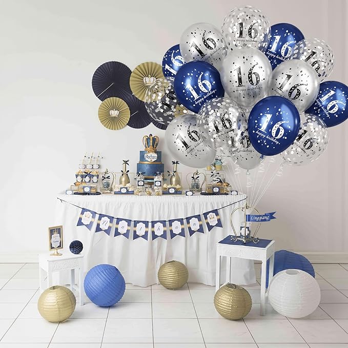 16th Birthday Decorations Boys, Pack of 15 Happy 16th Birthday Balloons Latex Helium Navy Blue Silver Confetti Balloons for Age Sixteen 16 Years Old Birthday Party Decorations Celebration Supplies