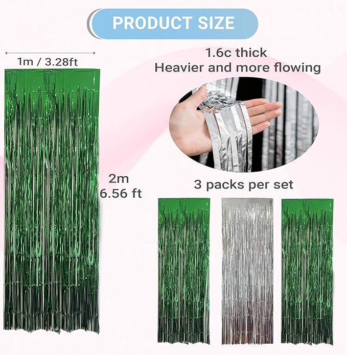 3 Packs Green Silver Foil Fringe Curtains, Birthday Party Decorations Backdrop Tinsel Steamer, Graduation Party Decorations Retirement Decor Party Backdrop