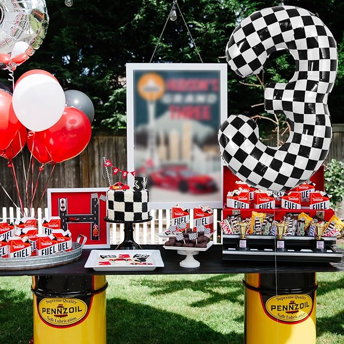 TONIFUL 40 Inch Checkered Number 3 Balloon 3rd Race Car Birthday Party Supplies Black and White Large Number Balloon for Girls Boys 3rd Birthday Fast Race Car Flag Party Decorations
