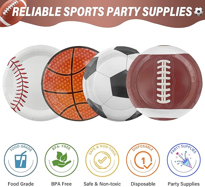 48PCS Sports Birthday Party Decorations 7" Sports Party Plates Disposable Sports Paper Plates Baseball Basketball Soccer Football Plates for Boys Adults Birthday Party Decorations