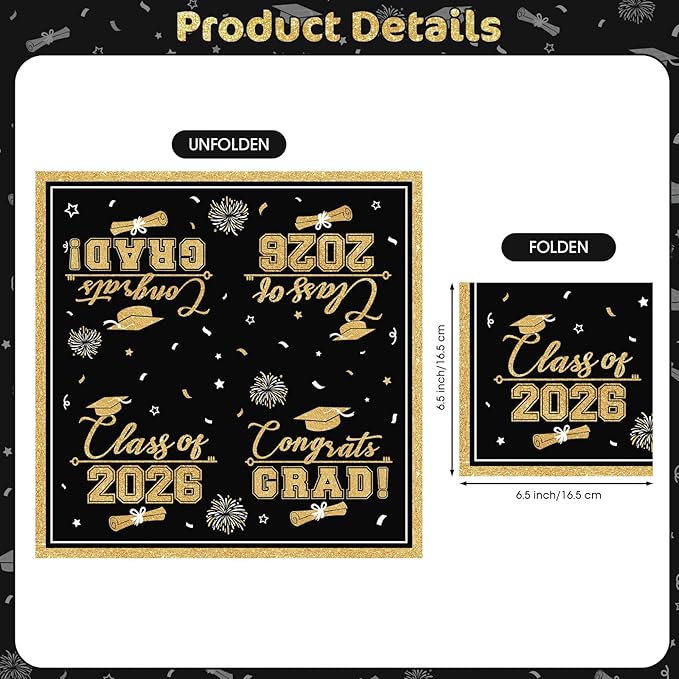 50 Pcs Graduation Napkins Class of 2026 - Black Gold Congrats Grad Napkins Set, 3-Ply Disposable Graduation Luncheon Dinner Party Paper Napkins for Graduations Party Supplies Table Decoration