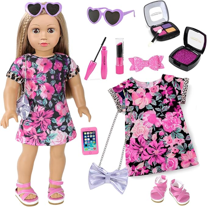 American 18 Inch Doll Makeup Accessories and Clothes,Messenger Bag Set for 18 Inch Dolls Include Sunglasses Phone Lipstick Eyelash Brush Eye Shadow Blusher Butterfly Hair Clip and Shoes