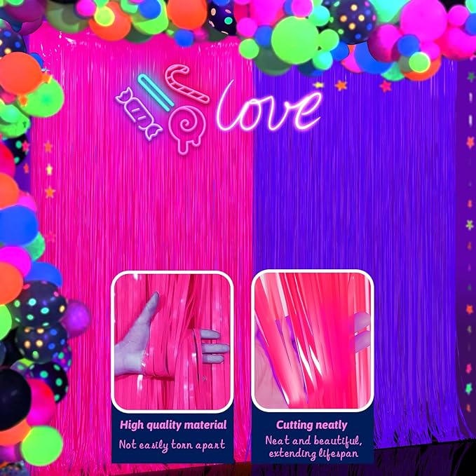 Glow in The Dark Party Supplies 2 Pack Neon Party Decorations Fluorescent Tinsel Foil Fringe Curtains Photo Booth Prop Backdrop Streamer Blacklight Decorations (Neon Hot Pink+Neon Purple)