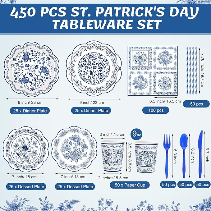 450 Pcs Blue Floral Tableware Set Decorations Blue White Chinoiserie Floral Paper Plates Napkins Cups Cutlery Straws for Vintage Birthday Wedding Bridal Shower Tea Party Supplies, Serves 50