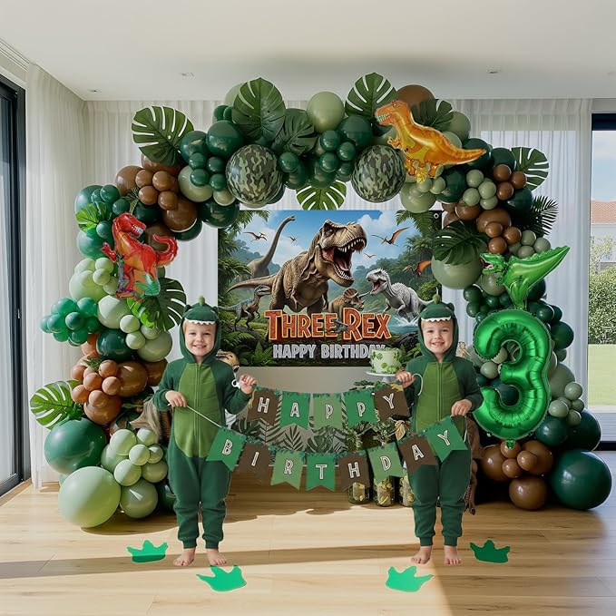 Dinosaur Birthday Decorations include Hunter Green Brown Gold balloon arch & small Dino Foil balloons & banner backdrop & footprint stickers for Kids Boys Jungle Safari Dino 3rd T-Rex Party Supplies