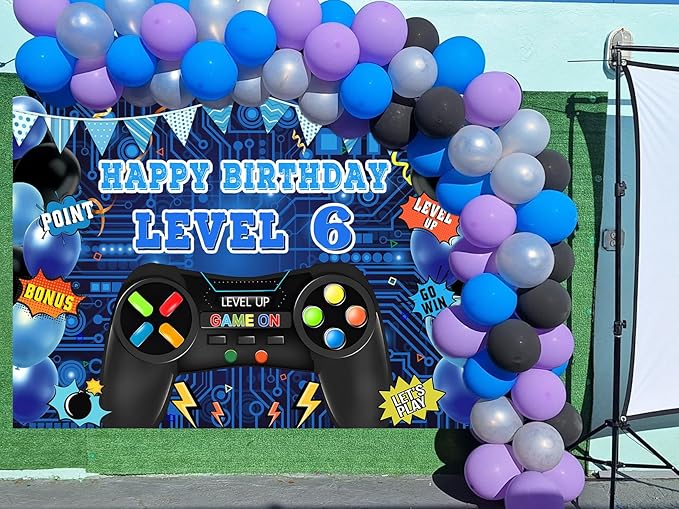 Game Theme Level 6 Birthday Backdrop Video Game Happy 6th Birthday Party Decorations Level Up Theme Boys Kids Birthday Party Supplies(7×5FT)