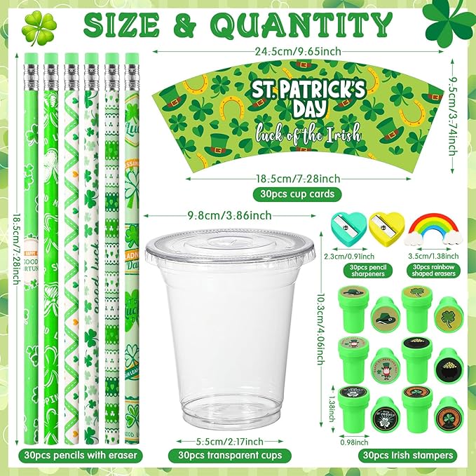 Pickmesh 180 Pcs St. Patrick's Day Party Favors Lucky Shamrock Stationery Set Pencils Erasers Stampers Sharpeners Cups for St Patricks Day Accessories Exchange Gifts Classroom Prizes Party Supplies