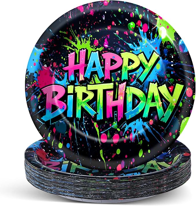 60PCS Neon Birthday Party Plates Glow Happy Birthday Party Supplies 7Inch Neon Dessert Plates Tableware Supplies Disposable Glow in the Dark Colorful Graffiti Dinnerware for K-Pop Parties Favors