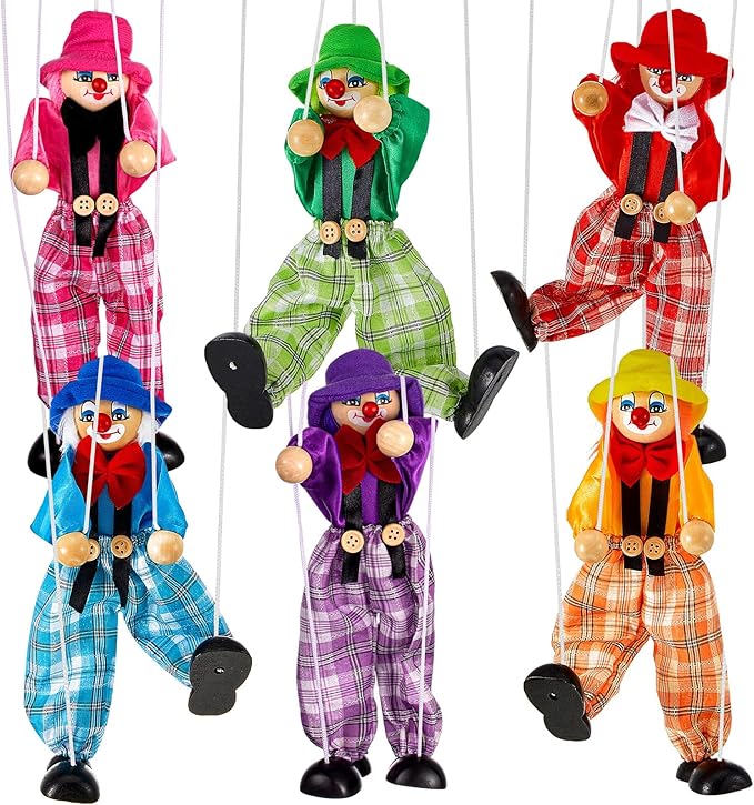Meooeck 6 Pack Wooden Marionette Puppets Pull String Puppets, Include 6 Colors Clown Marionette String Clown Doll for Birthday Theater Puppetry Party