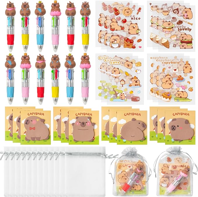 CY2SIDE Capybara Stationery Party Gift - 12 Pack Birthday Gift Set with Fun Animal 4-in-1 Ballpoint Pen Sticky Note Sticker and Organza Capybara Party Favor Goodie Bag Fillers for School Rewards