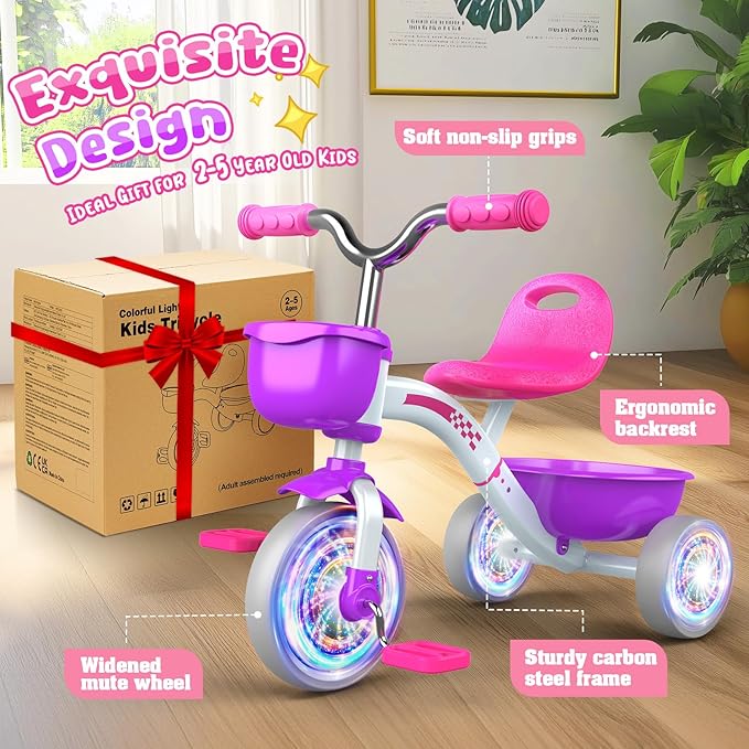 Toddler Tricycle for 1-3 3-5 Year Olds, 2 3 4 5 Year Old Girl Birthday Gifts, Purple Toddler Baby Bike, 4-Level Adjustable Seat, 3 Color Light Wheels, 2 Baskets, Outdoor Riding Toys for Ages 2-4