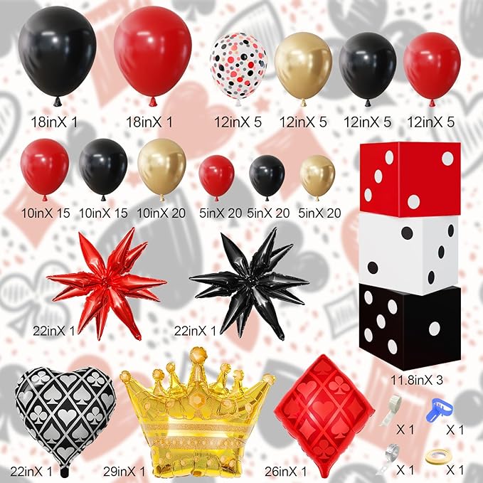 144PCS Dice Favor Boxes Casino Theme Party Decorations , Casino Balloon Arch Garland Kit Red Black Gold Dice Crown Poker Foil Balloons for Poker Las Vegas Game Night Casino Party Supplies