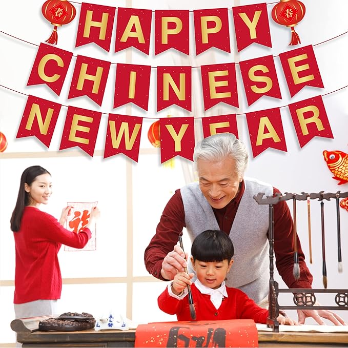 CC HOME Chinese Spring Festival Banner Party Decoration, Red Snake Year Theme Party Supplies Spring Festival Gala Boys Girls Kids Home Classroom Baby Showers Birthday Party Decorations Hanging Flags