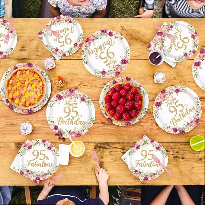 96Pcs 95th Birthday Decorations for Women Rose Gold Floral Party Plates and Napkins Disposable 95th Birthday Gifts Tableware Set for Women Fabulous Party Decorations Serves 24