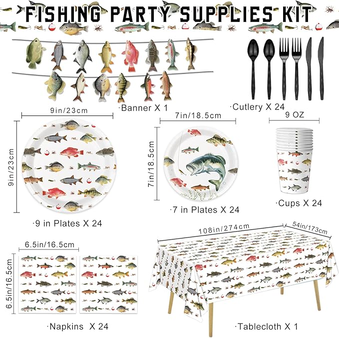 170PCS Fishing Birthday Party Decorations Gone Fishing Party Decorations Include Plates, Cups, Cutlery, Banner, Tablecloth for Ofishally One Birthday Decorations