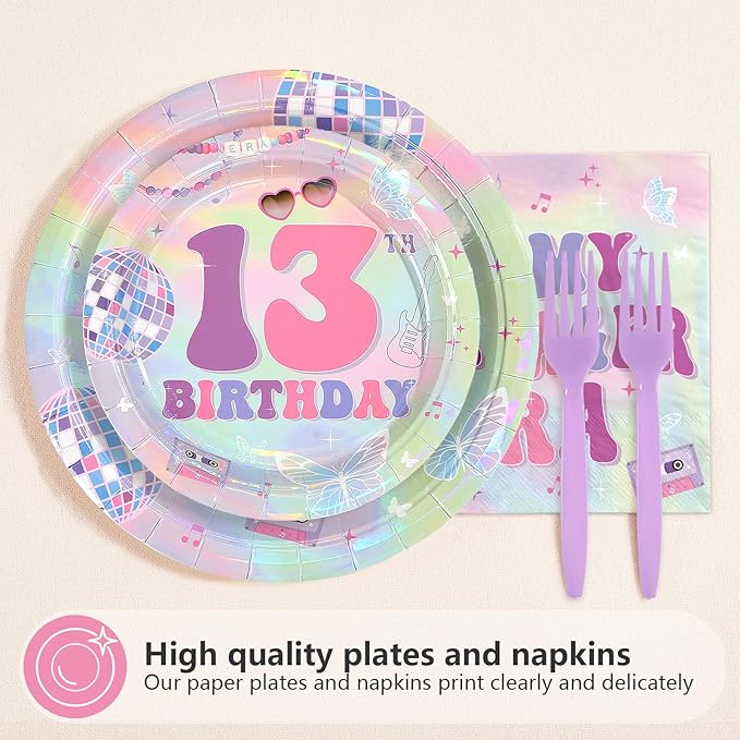 96Pcs In My 13th Birthday Era Party Decorations Era's 13 Birthday Plates and Napkins Set Music Iridescent Disco Decoration for Girls 13 Years Old Music Singer Friendship Bday Party Supplies Serves 24