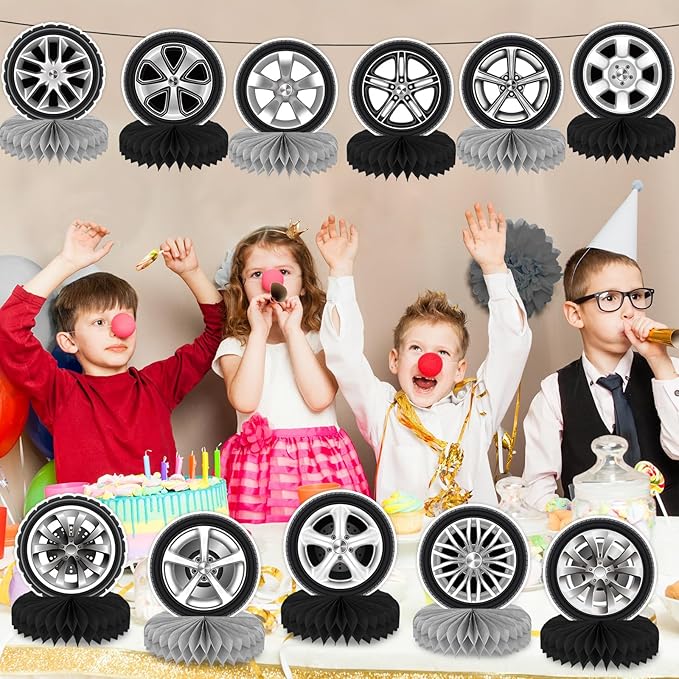 12Pcs Race Car Centerpieces for Tables, Racing Car Birthday Party Decorations Wheel Tire Centerpieces Decor, Double-Sided Tire Decorations for Car Themed Birthday Party Supplies