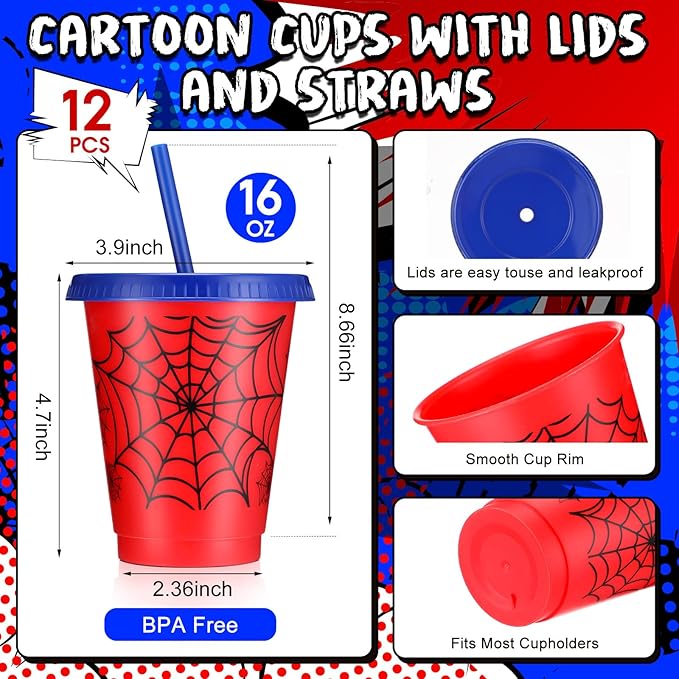 12 Pcs 16 oz Spider Cups Bulk, Spider Birthday Party Favors Cups with Lids and Straws, Plastic Cup for Birthday Party Decorations Celebration Birthdayy Partty Favor Supplies for Friends