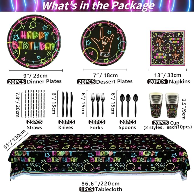 Glow Neon Party Supplies - Neon Balloon, Glow in the Dark Happy Birthday Banner, Hanging Swirls, Cake Topper, Tablecloth, Plates, Napkins, Cup for Blacklight Party Decorations, Serves 20 Guest