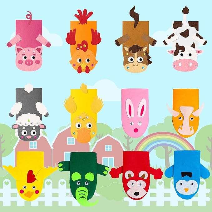 WATINC 12Pcs Hand Puppet Making Kit, Art Craft Felt Sock Puppet Toys, Creative DIY Make Your Own Pompoms Wiggle Googly Eyes Storytelling Role Play Party Supplies Gift for Girls Boys (Animals Farm A)