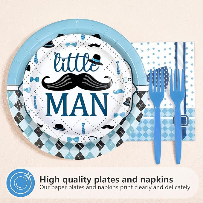 96 Pcs Little Man Baby Shower Decorations A Little Man Is On His Way Paper Plates and Napkins Mustache Bow Tie Hat Tableware Set for Boys Baby Shower Birthday Party Supplies Serves 24