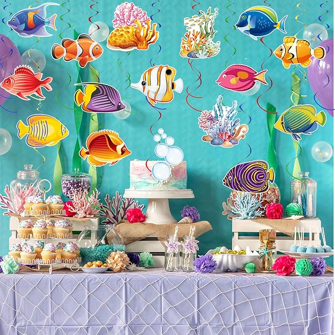 36pcs Tropical Fish Hanging Swirls Under The Sea Party Decor Ocean Themed Party Swirls Streamers Supplies for Boys Girls Kids Mermaid Creatures Baby Shower Decorations