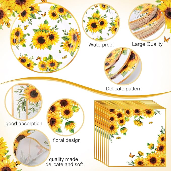 Zhehao 101 Pcs Sunflower Party Tableware Set Yellow Floral Party Supplies Includes 50 Paper Plates, 50 Napkins and 1 Tablecloth for Birthday Wedding Bridal Shower Baby Shower Decorations